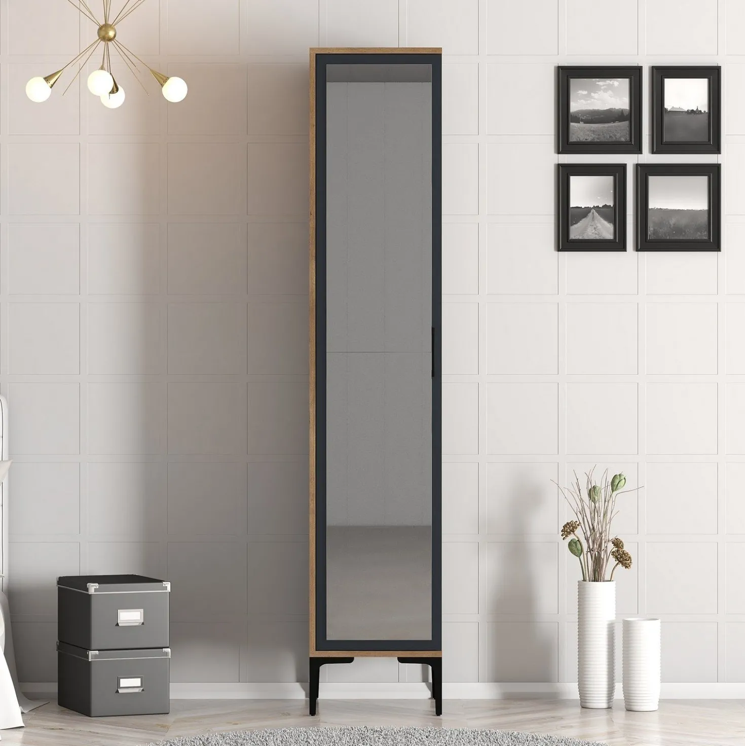 Armoire avec miroir style industriel Akoy L40cm Bois foncé et Anthracite