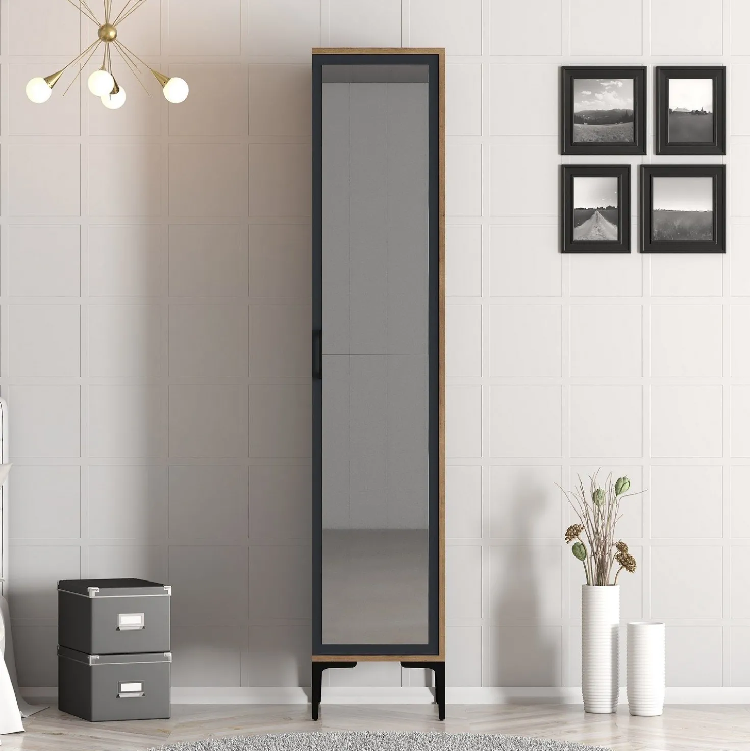 Armoire avec miroir style industriel Akoy L40cm Bois foncé et Anthracite