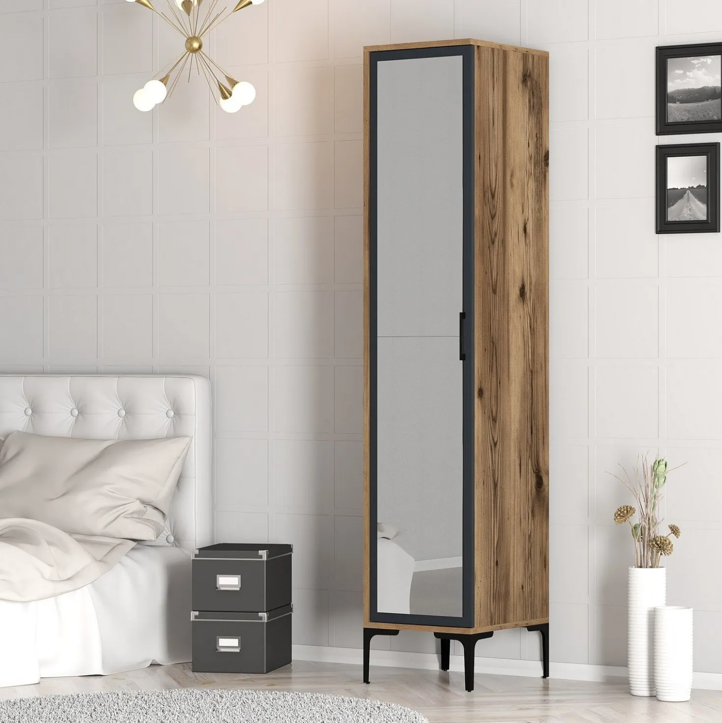 Armoire avec miroir style industriel Akoy L40cm Bois foncé et Anthracite