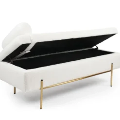 Banquette-coffre moderne Hepburn L140cm Tissu bouclette Blanc