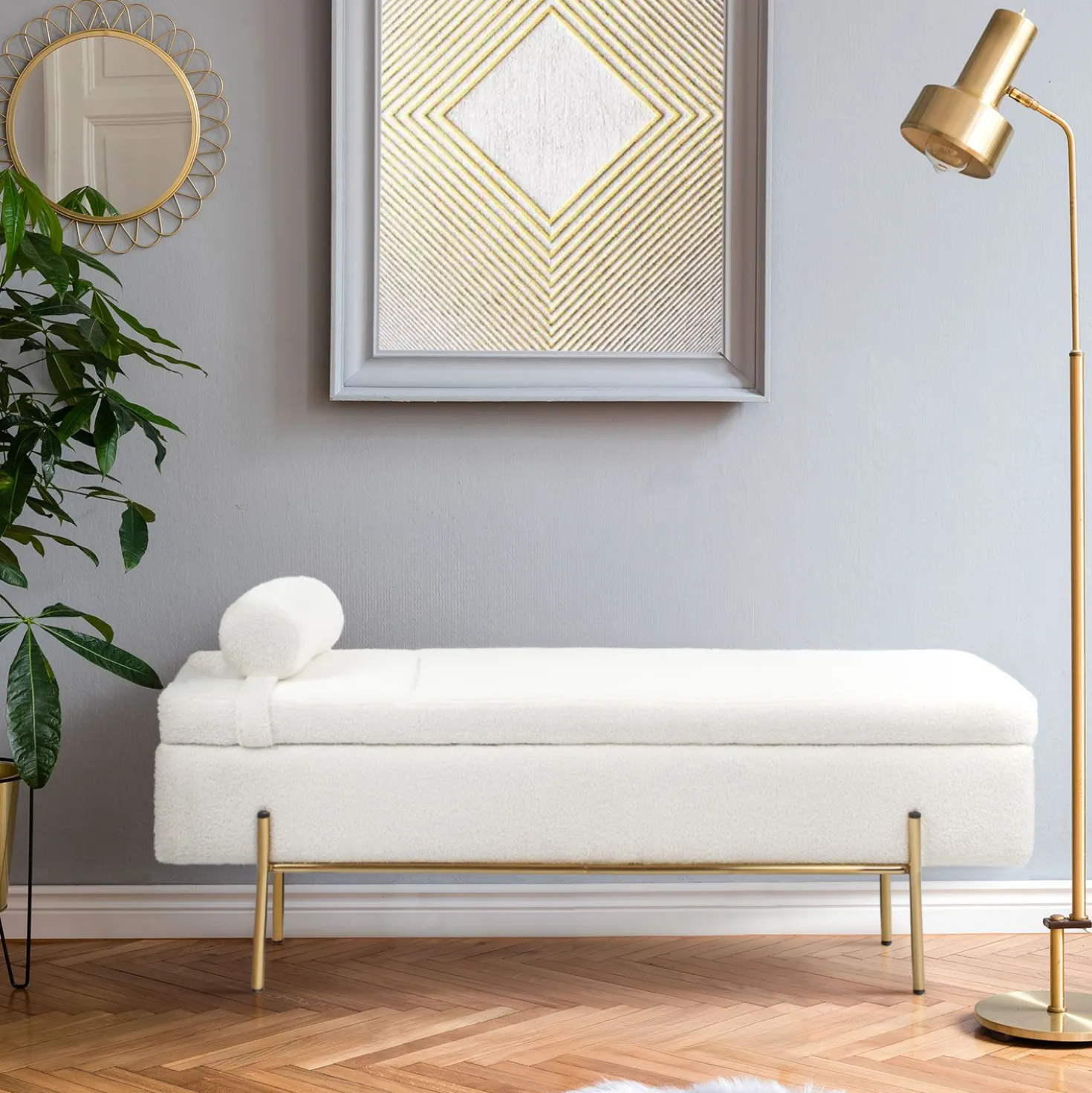 Banquette-coffre moderne Hepburn L140cm Tissu bouclette Blanc