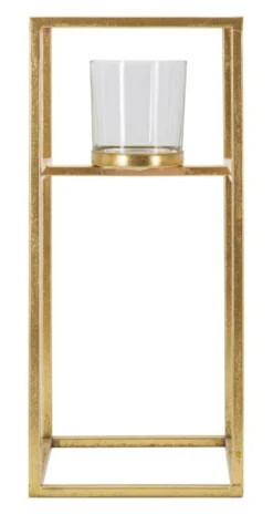 Bougeoir en métal doré et verre transparent carré
