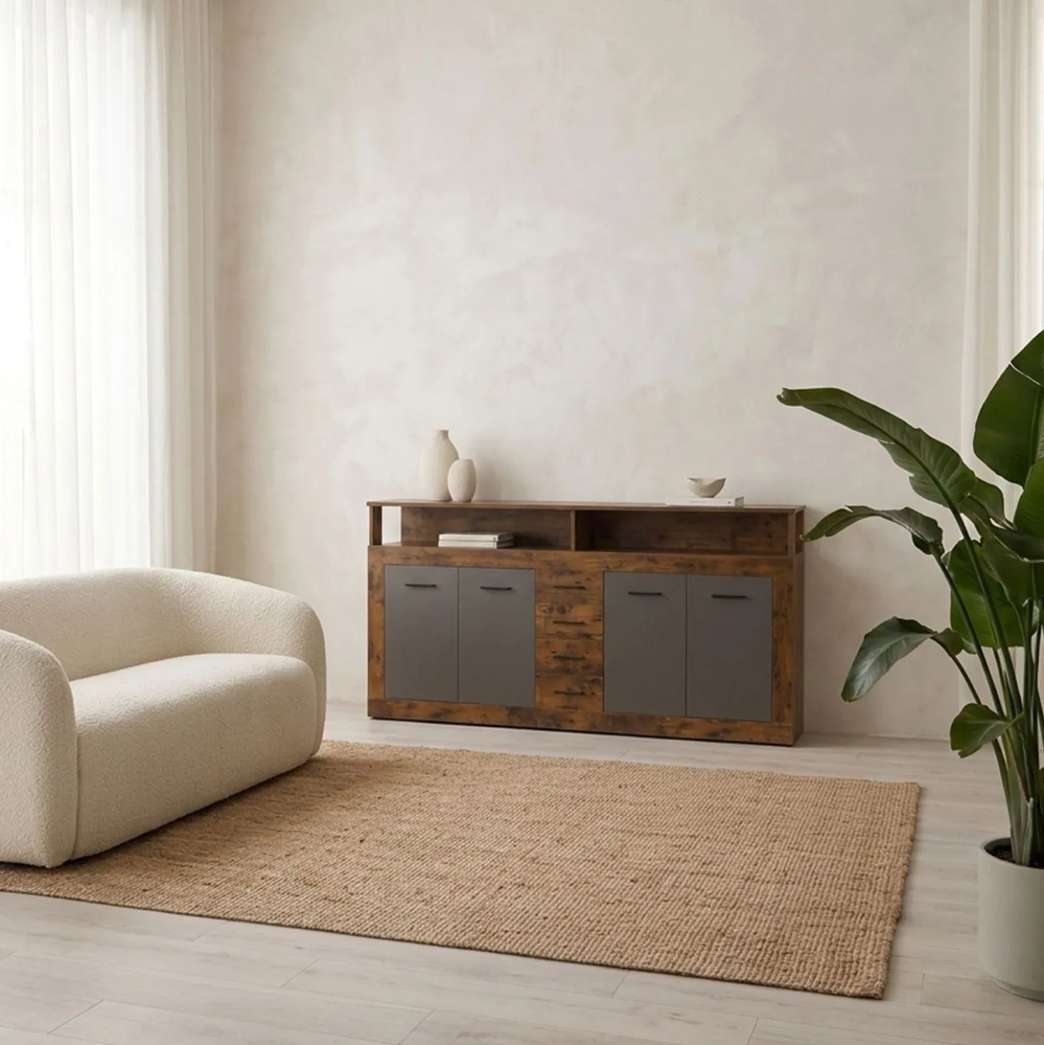 Buffet style industriel L190cm 4 portes er 4 tiroirs Lunata Bois foncé et Gris