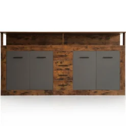 Buffet style industriel L190cm 4 portes er 4 tiroirs Lunata Bois foncé et Gris