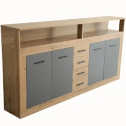 Buffet style industriel L190cm 4 portes er 4 tiroirs Lunata Chêne et Gris