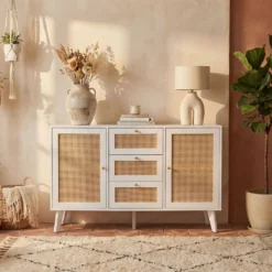 Buffet 3 tiroirs et 2 portes avec cannage Dalgora L120cm Blanc