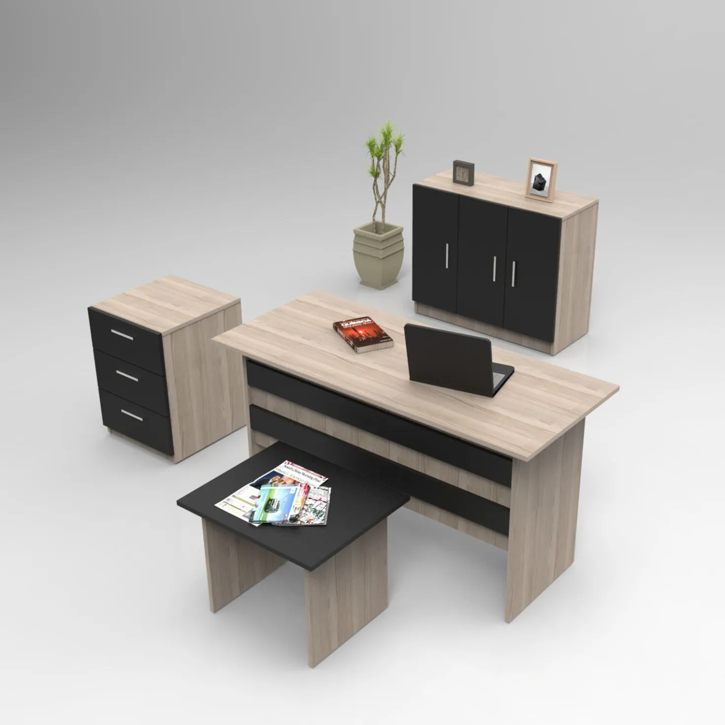 Bureau, armoire, commode et table basse Busymo Chêne clair et Noir