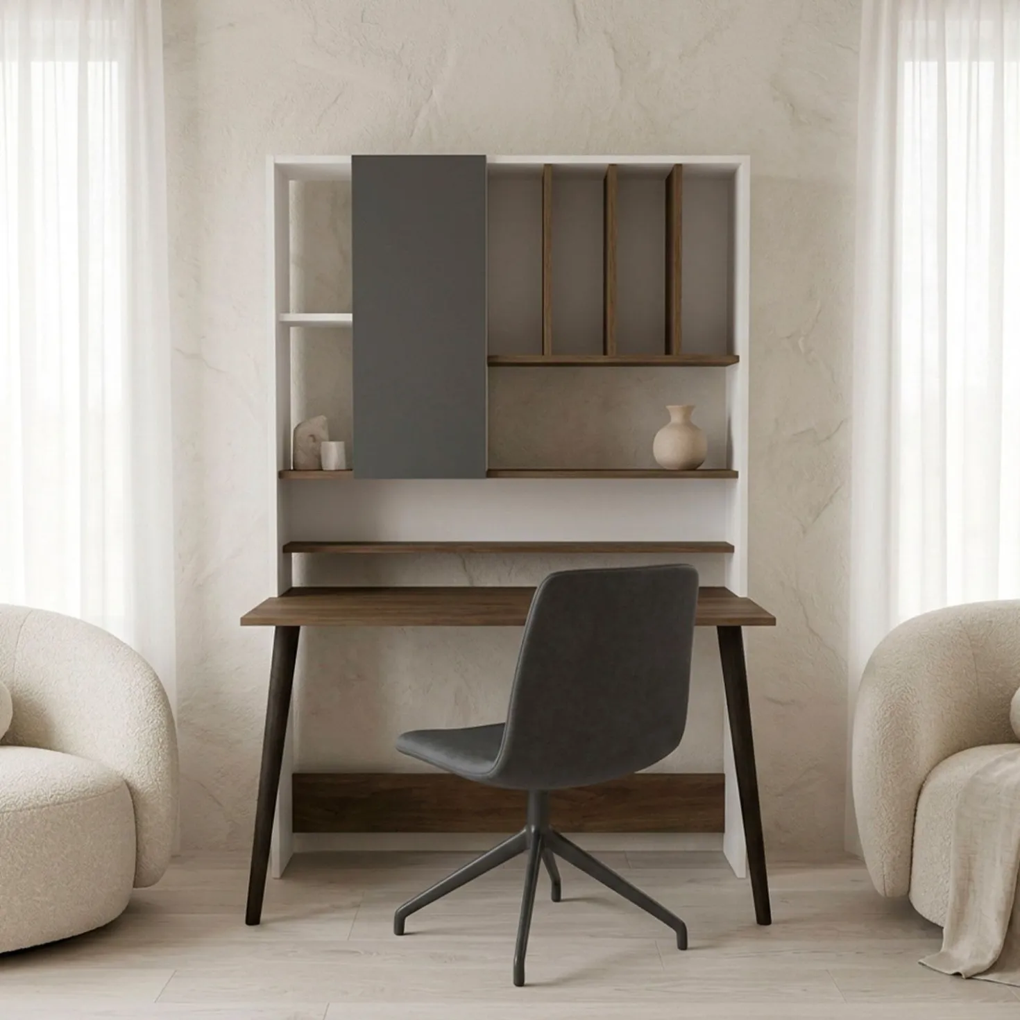Bureau avec étagère Fekadu L120cm Bois foncé, Blanc et Anthracite