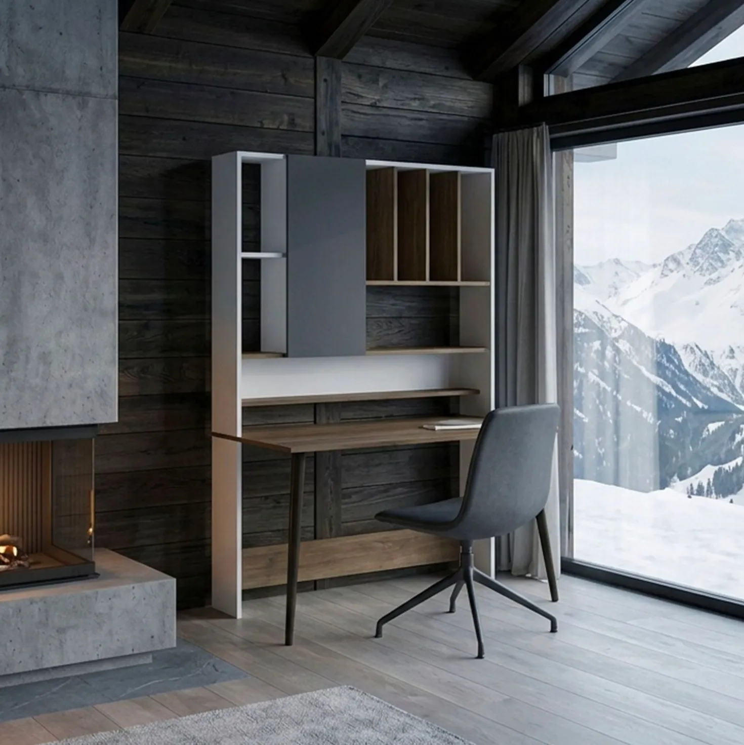Bureau avec étagère Fekadu L120cm Bois foncé, Blanc et Anthracite