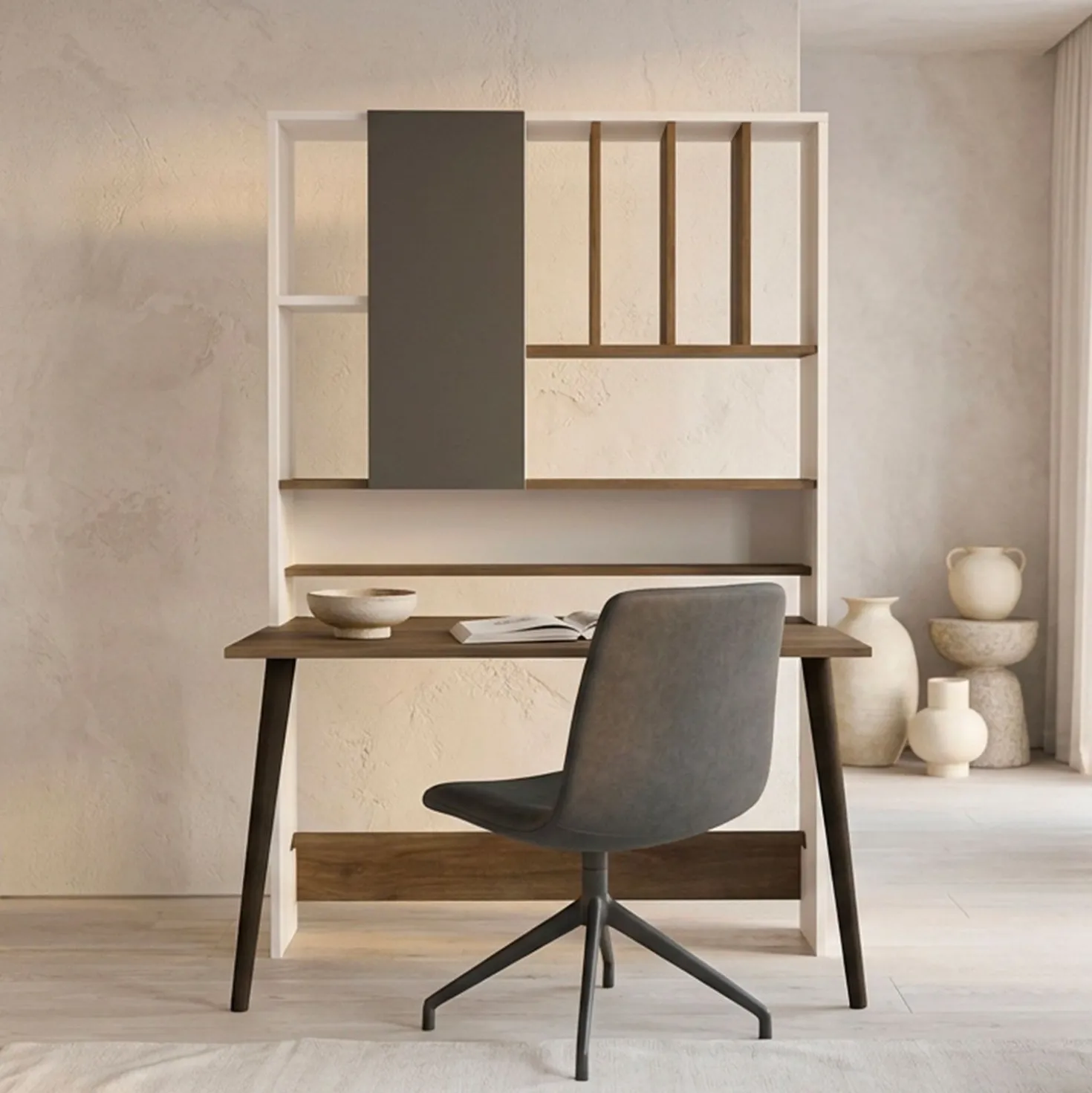 Bureau avec étagère Fekadu L120cm Bois foncé, Blanc et Anthracite