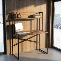 Bureau avec étagère style industriel Buzelin L100xP50cm Chêne
