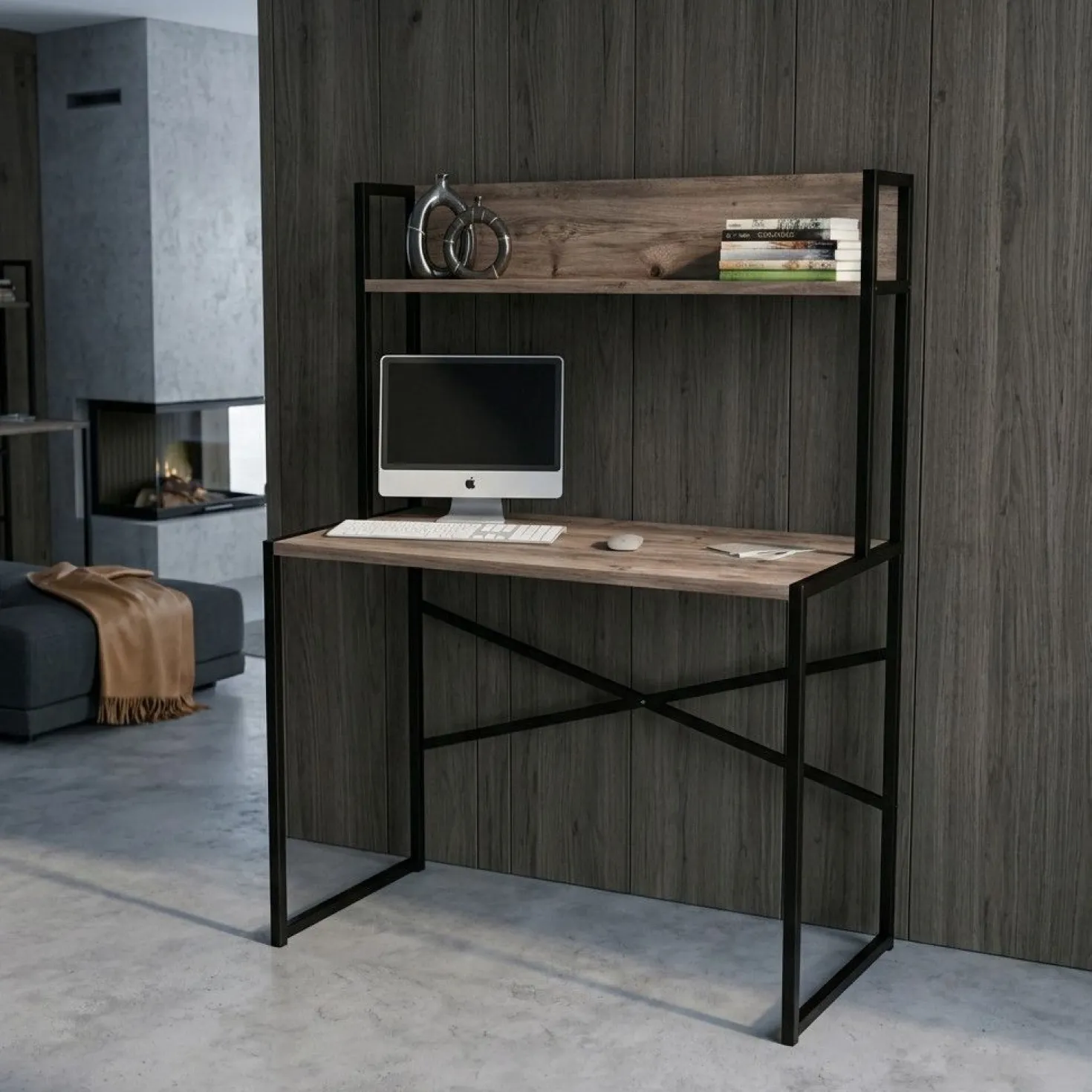Bureau avec étagère style industriel Buzelin L100xP50cm Chêne