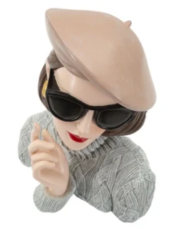 Buste Femme Parisienne Béret Beige Lunettes Noires Haut en Maille Grise