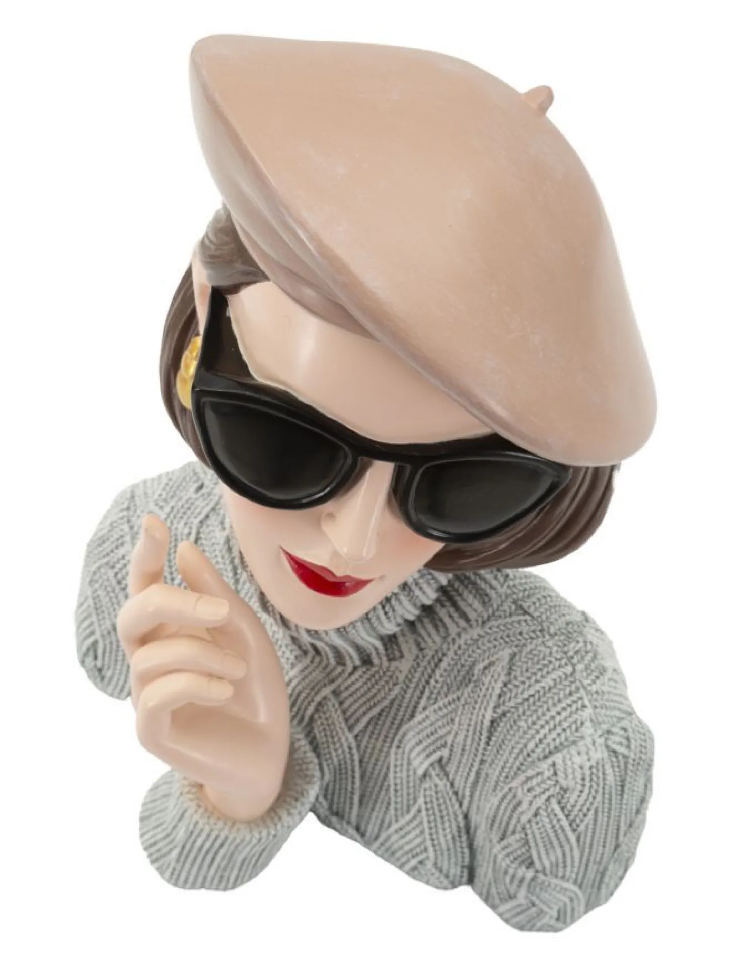 Buste Femme Parisienne Béret Beige Lunettes Noires Haut en Maille Grise