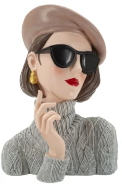 Buste Femme Parisienne Béret Beige Lunettes Noires Haut en Maille Grise