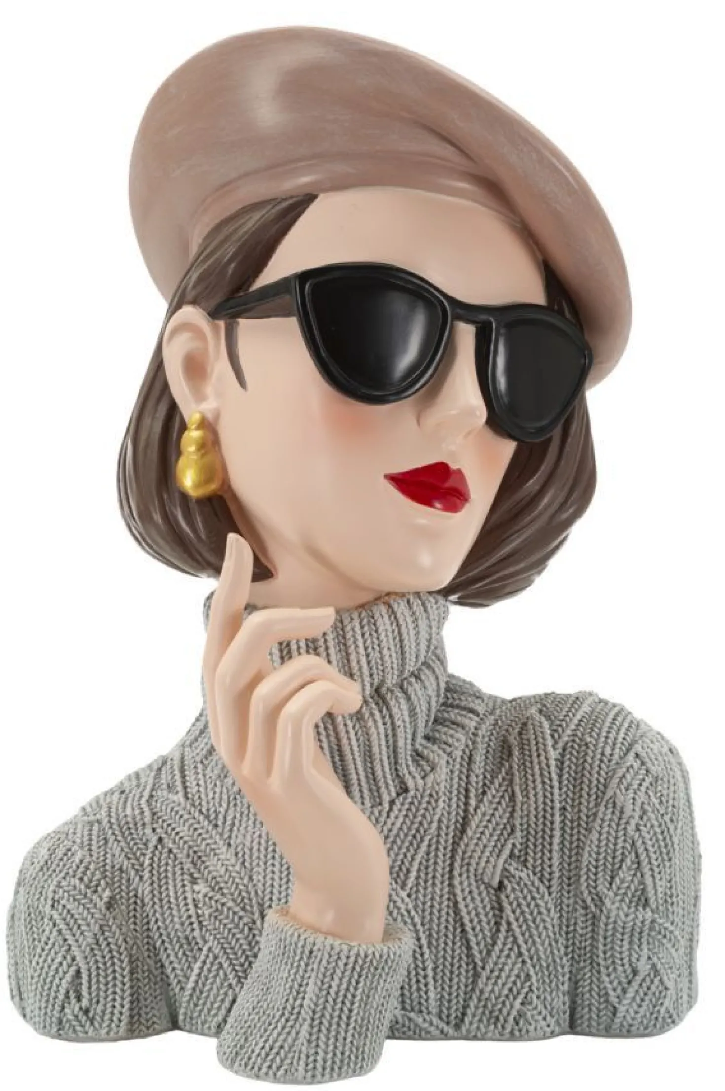 Buste Femme Parisienne Béret Beige Lunettes Noires Haut en Maille Grise