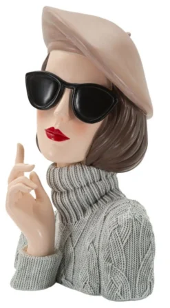 Buste Femme Parisienne Béret Beige Lunettes Noires Haut en Maille Grise