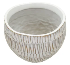 Cache-pot en polyrésine décoré de motifs géométriques et linéaires blanc et doré