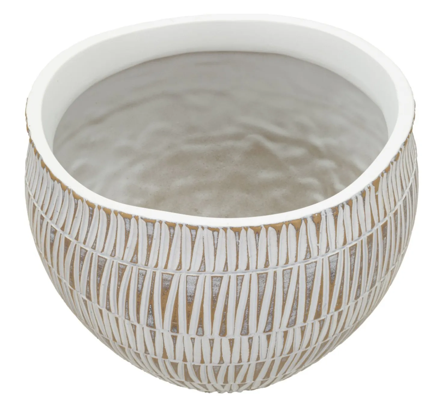Cache-pot en polyrésine décoré de motifs géométriques et linéaires blanc et doré