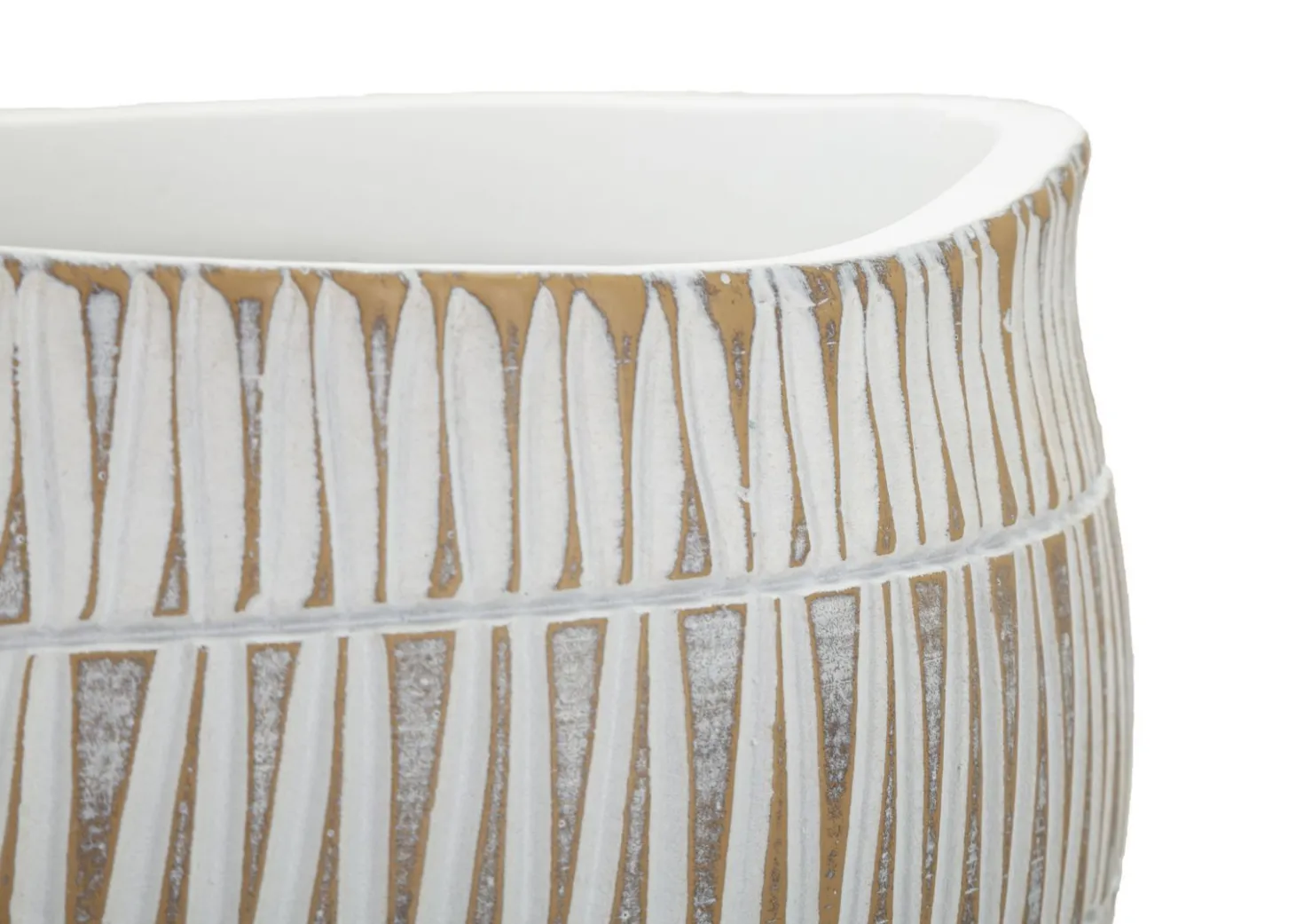 Cache-pot en polyrésine décoré de motifs géométriques et linéaires blanc et doré