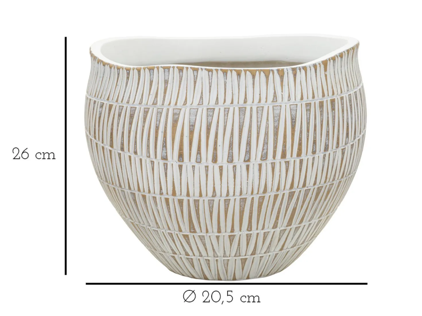 Cache-pot en polyrésine décoré de motifs géométriques et linéaires blanc et doré