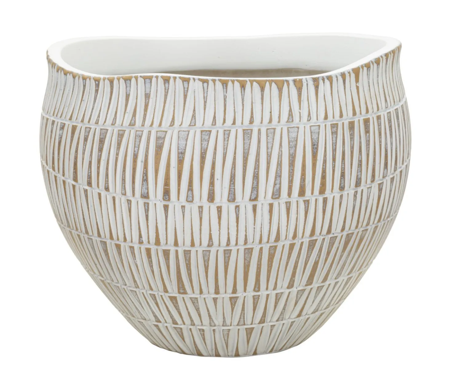 Cache-pot en polyrésine décoré de motifs géométriques et linéaires blanc et doré
