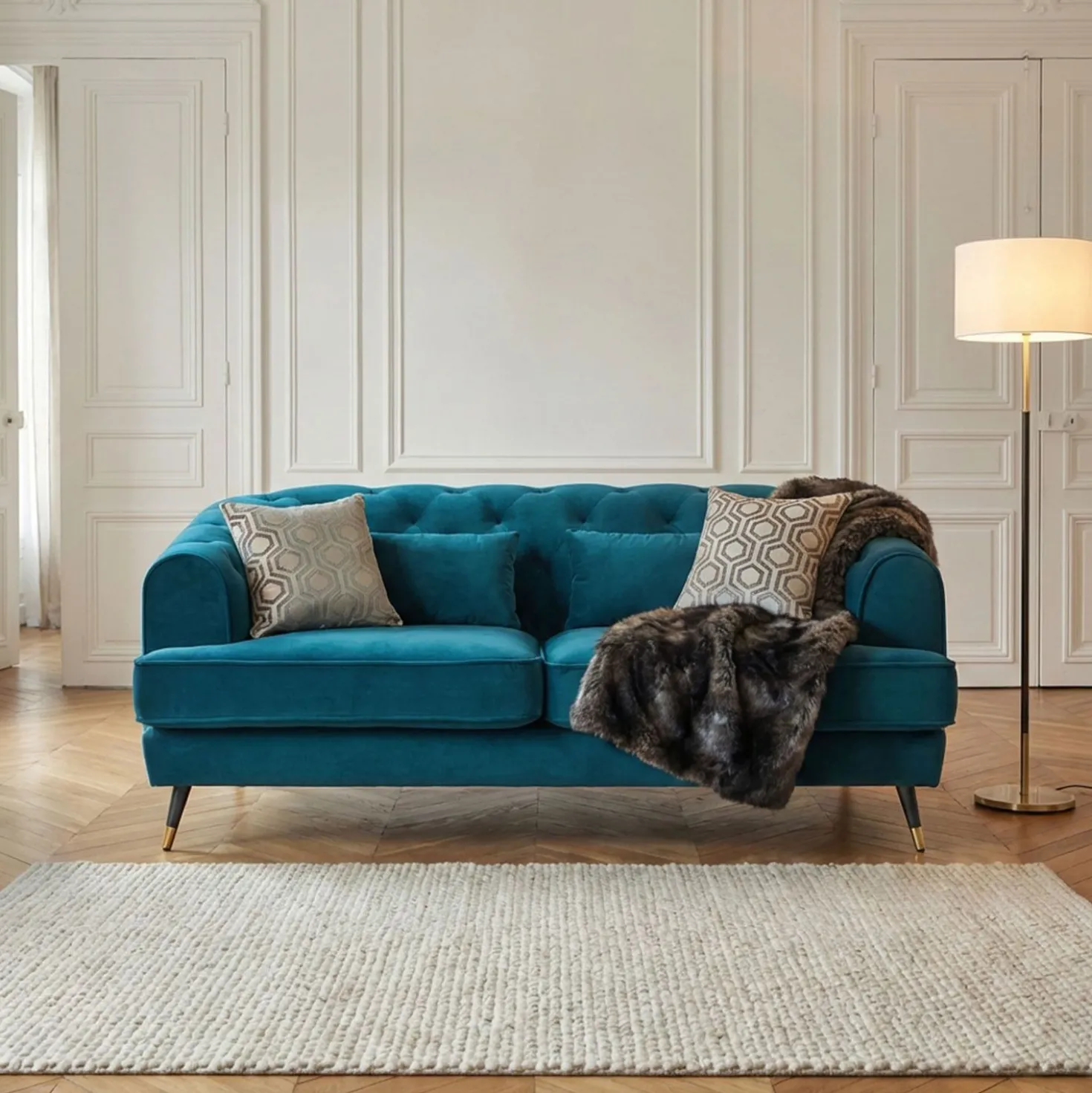 Canapé capitonné 2 places style boudoir Glams Velours Bleu canard