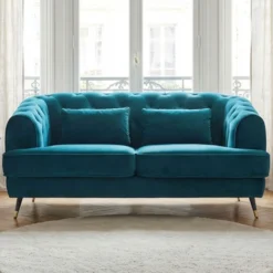 Canapé capitonné 2 places style boudoir Glams Velours Bleu canard