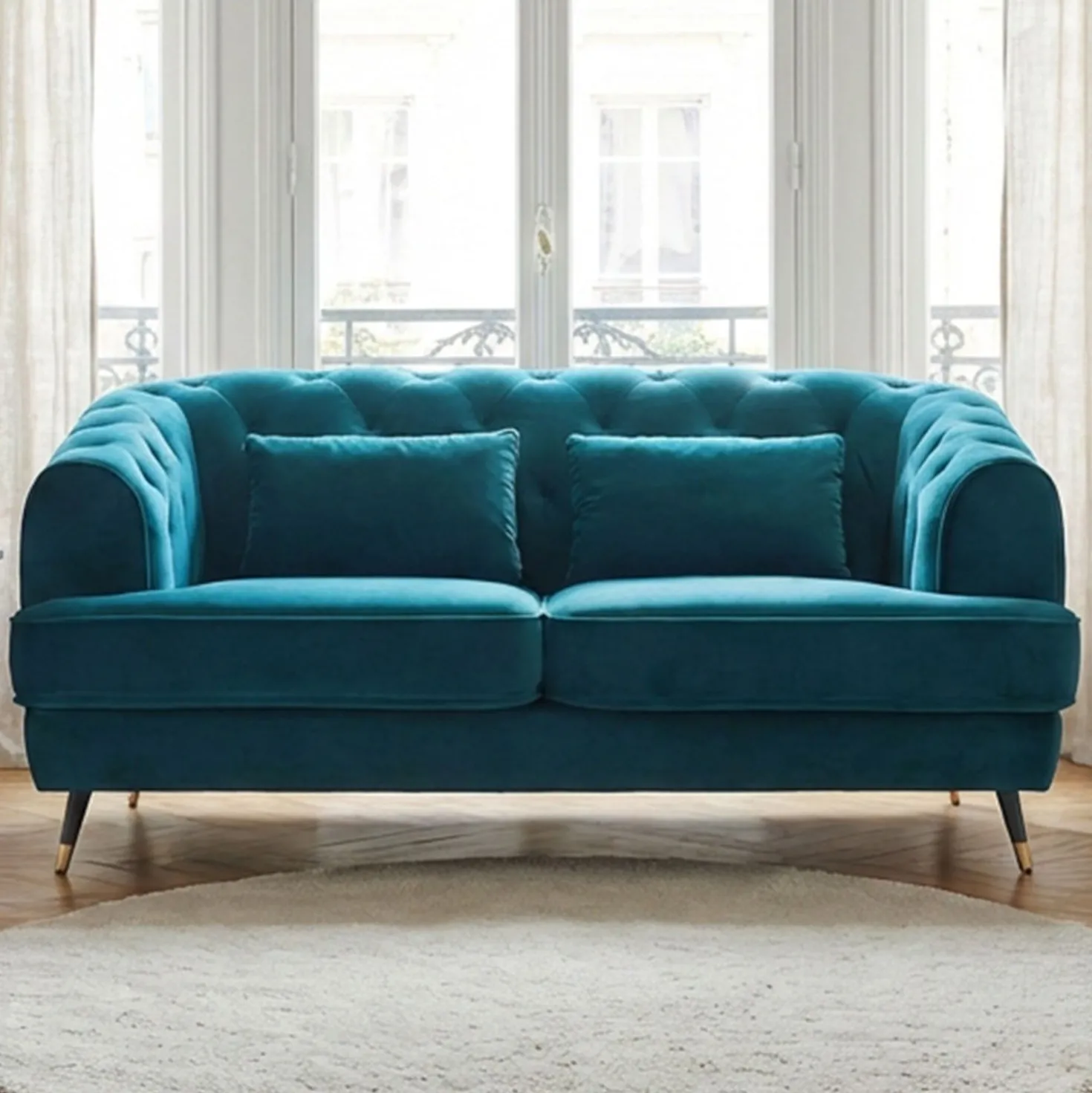 Canapé capitonné 2 places style boudoir Glams Velours Bleu canard
