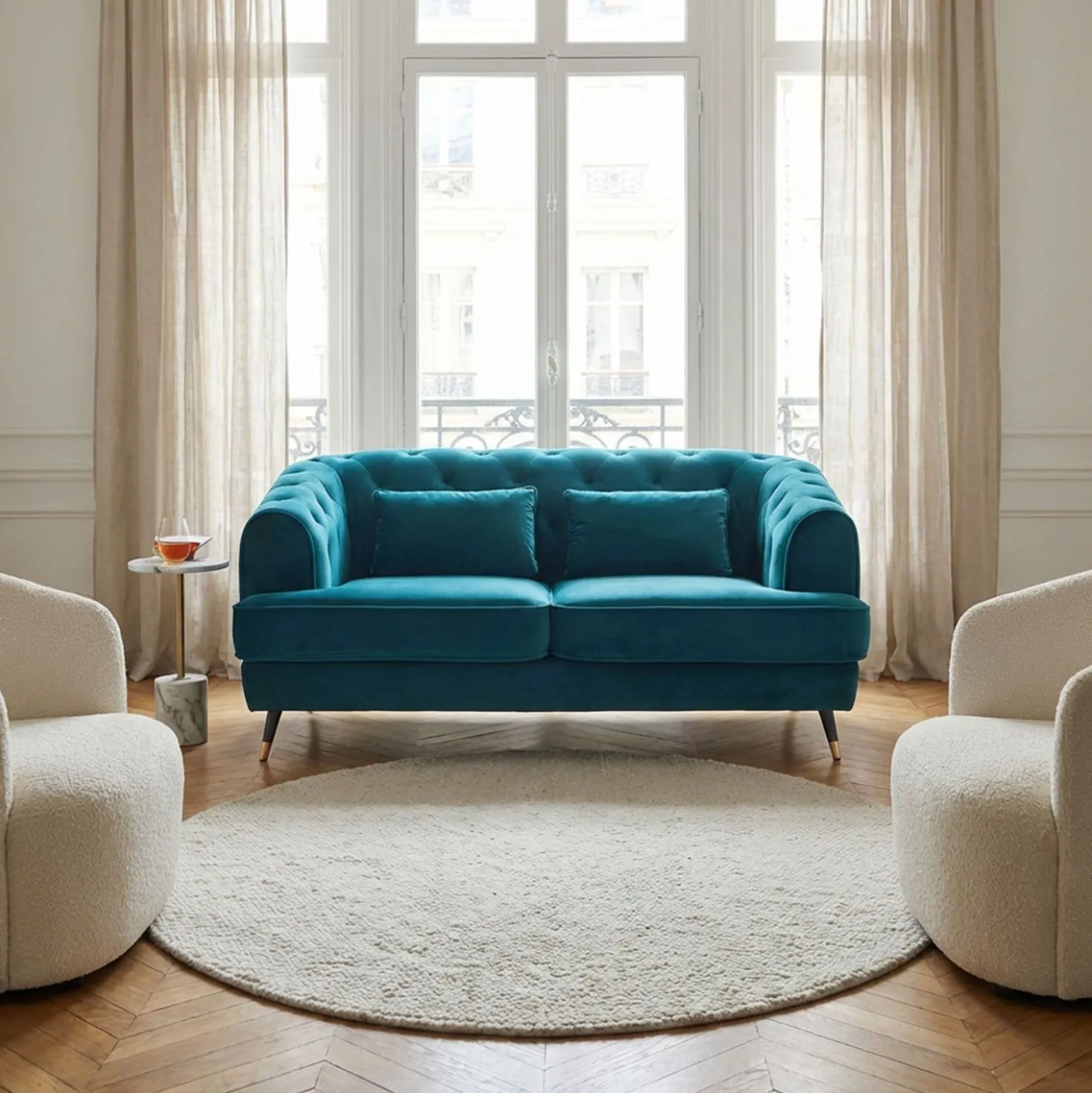 Canapé capitonné 2 places style boudoir Glams Velours Bleu canard