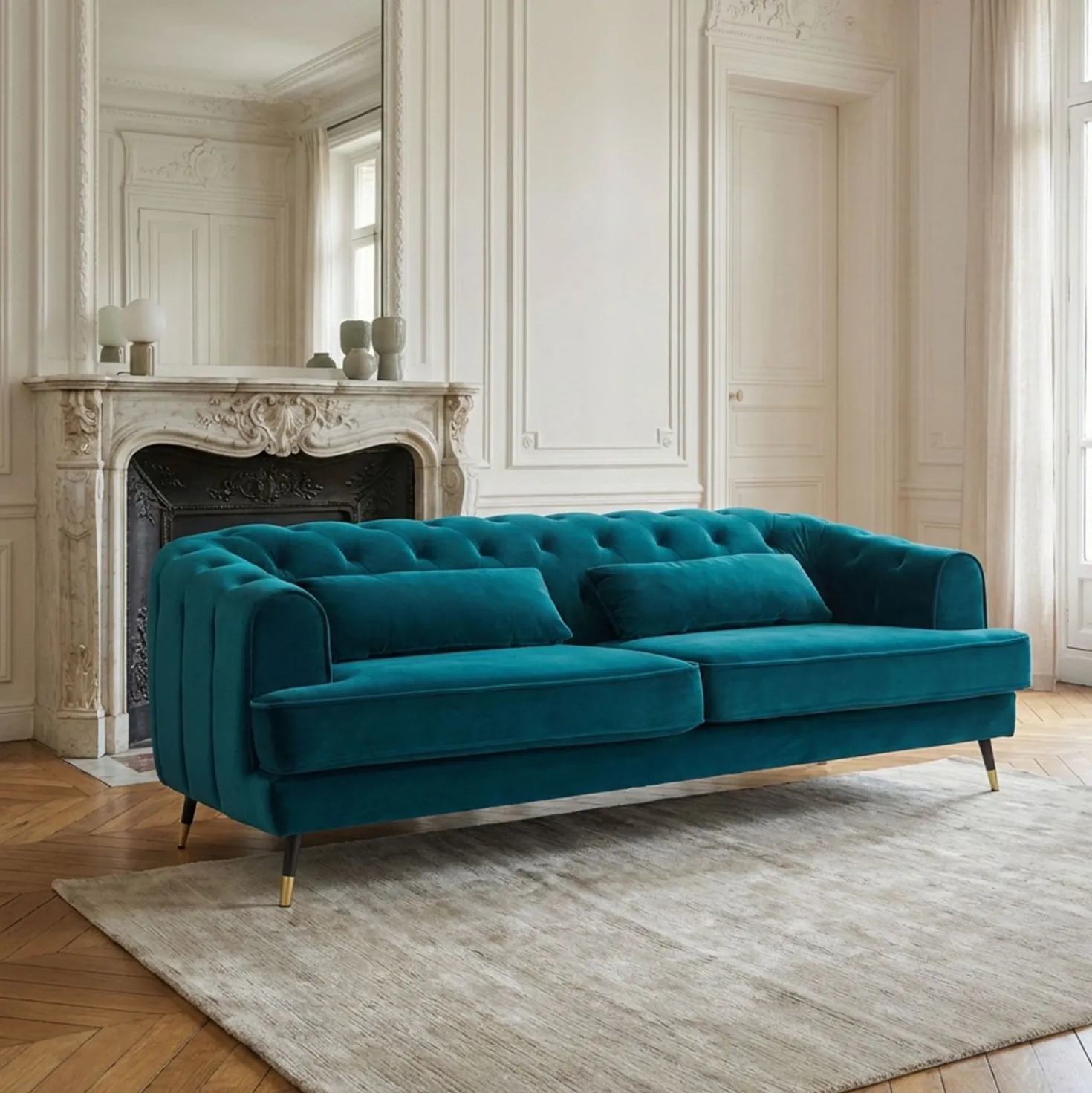 Canapé capitonné 3 places style boudoir Glams Velours Bleu canard