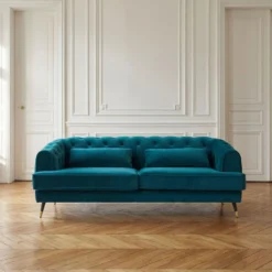 Canapé capitonné 3 places style boudoir Glams Velours Bleu canard