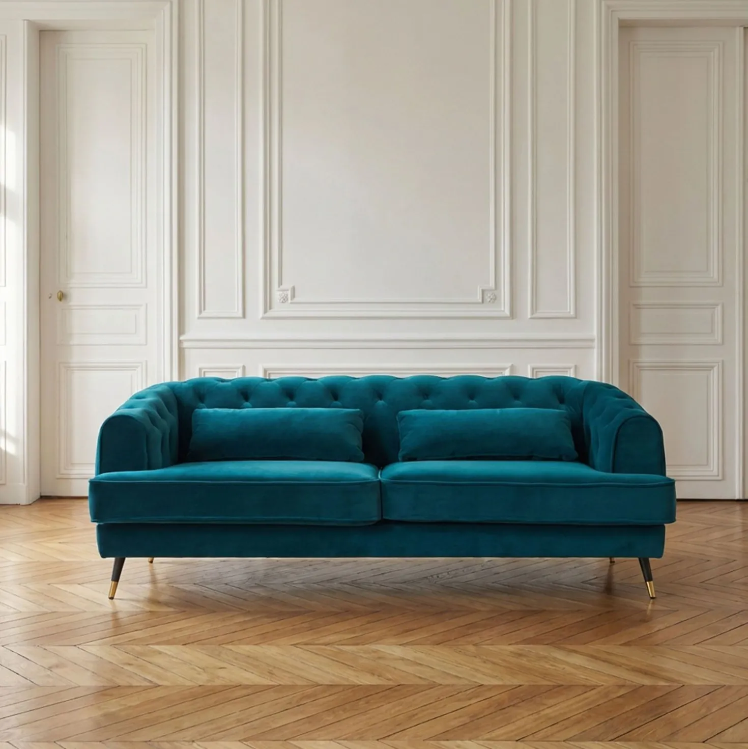 Canapé capitonné 3 places style boudoir Glams Velours Bleu canard
