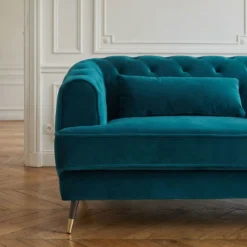 Canapé capitonné 3 places style boudoir Glams Velours Bleu canard
