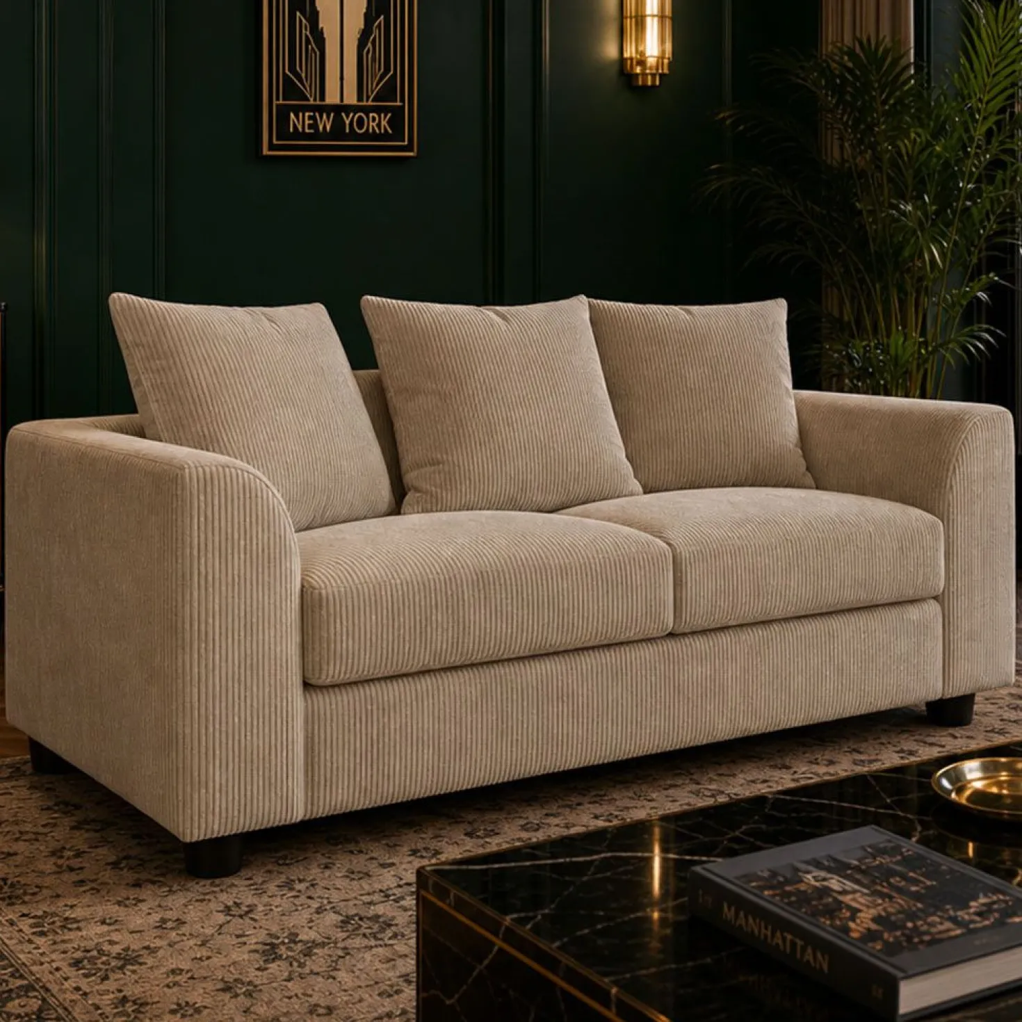 Canapé contemporain 2 places Mozart Velours côtelé Beige