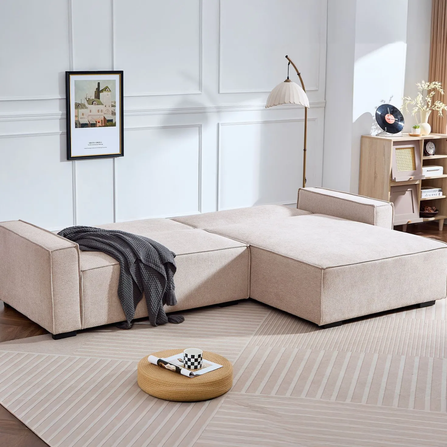 Canapé convertible cic-clac avec angle réversible Pikado Tissu effet lin Taupe clair