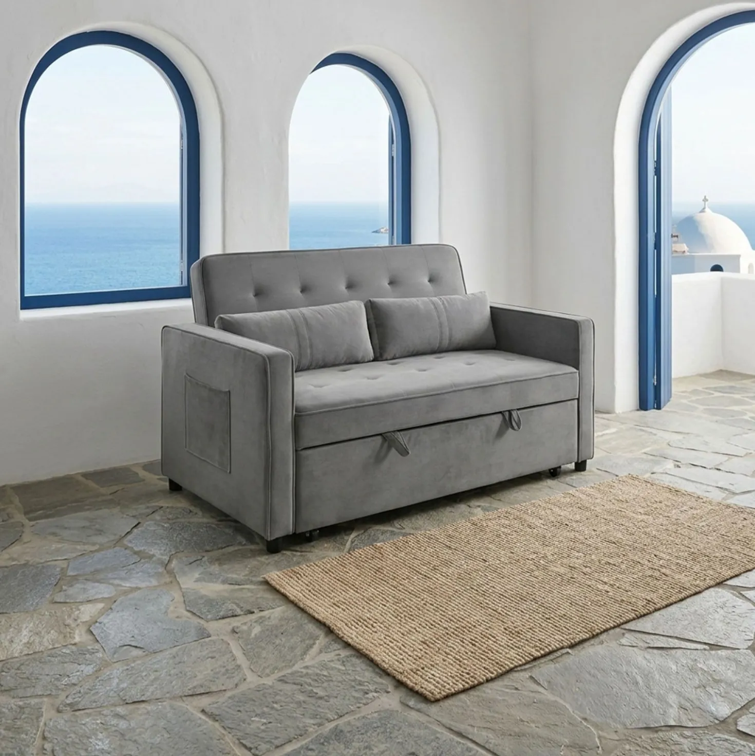 Canapé convertible 2 places Komaria Velours Gris