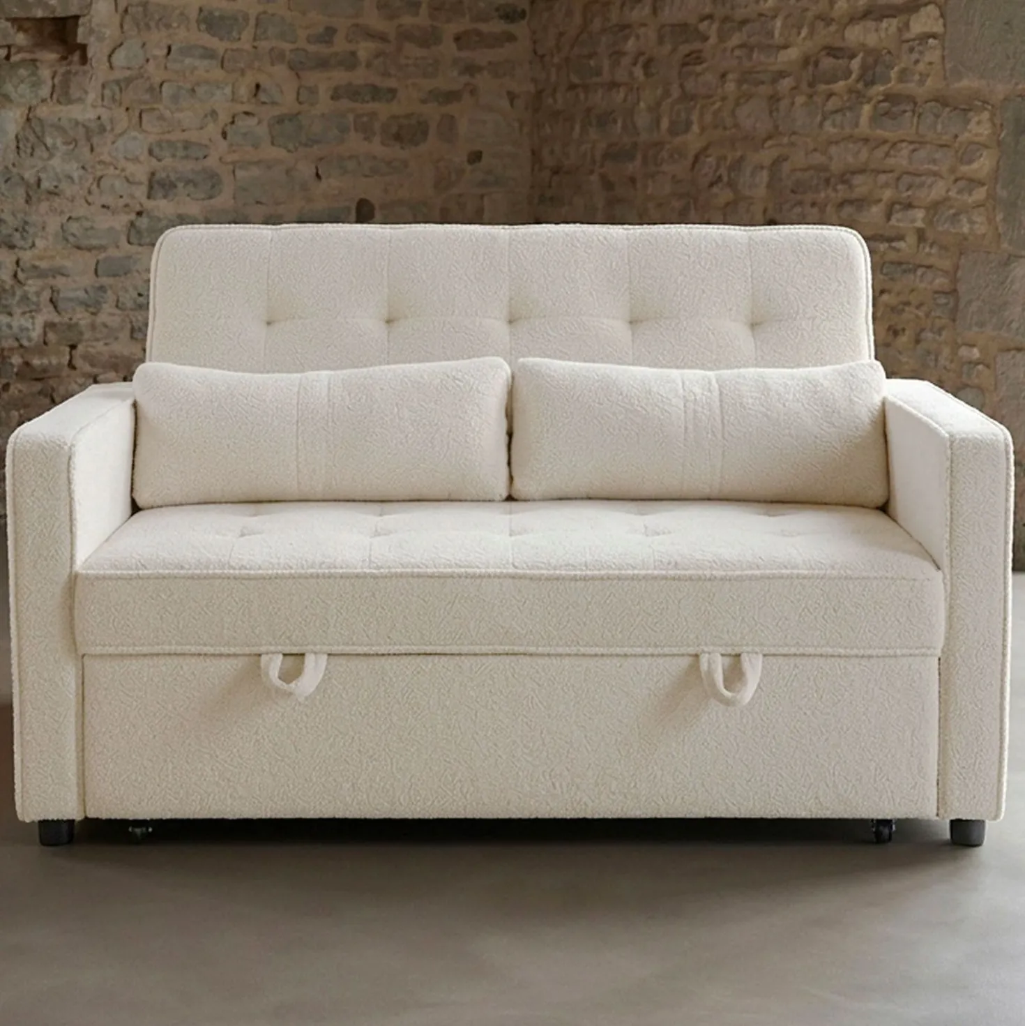 Canapé convertible 2 places Komaria Tissu bouclette Crème