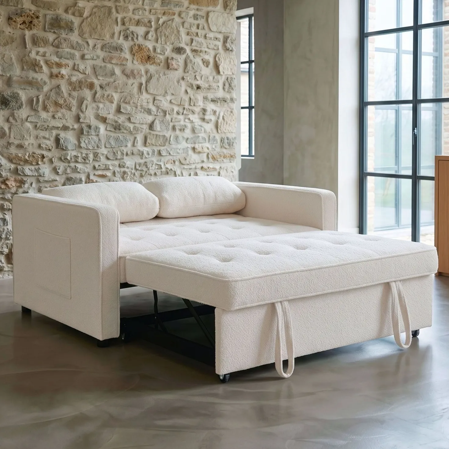 Canapé convertible 2 places Komaria Tissu bouclette Crème