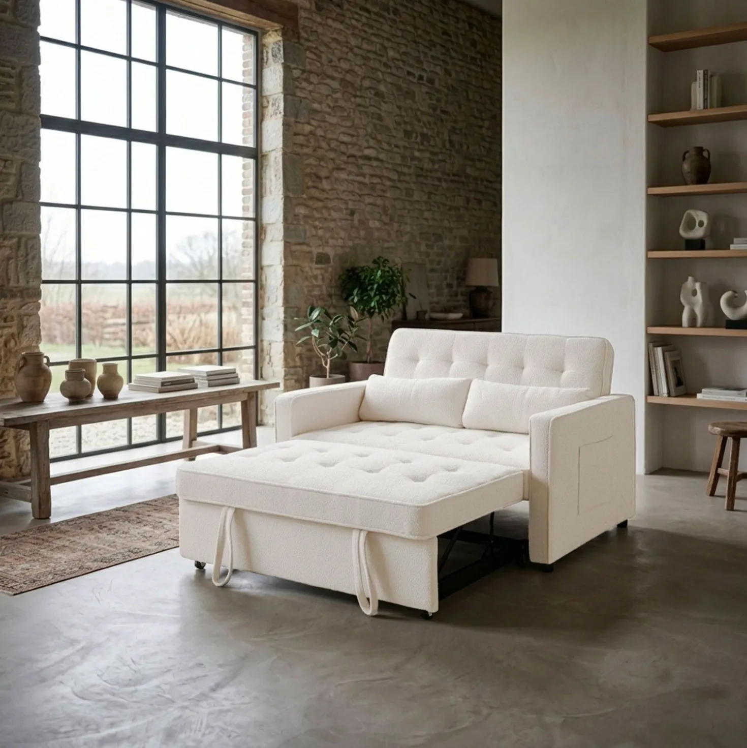 Canapé convertible 2 places Komaria Tissu bouclette Crème