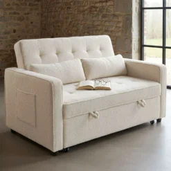 Canapé convertible 2 places Komaria Tissu bouclette Crème