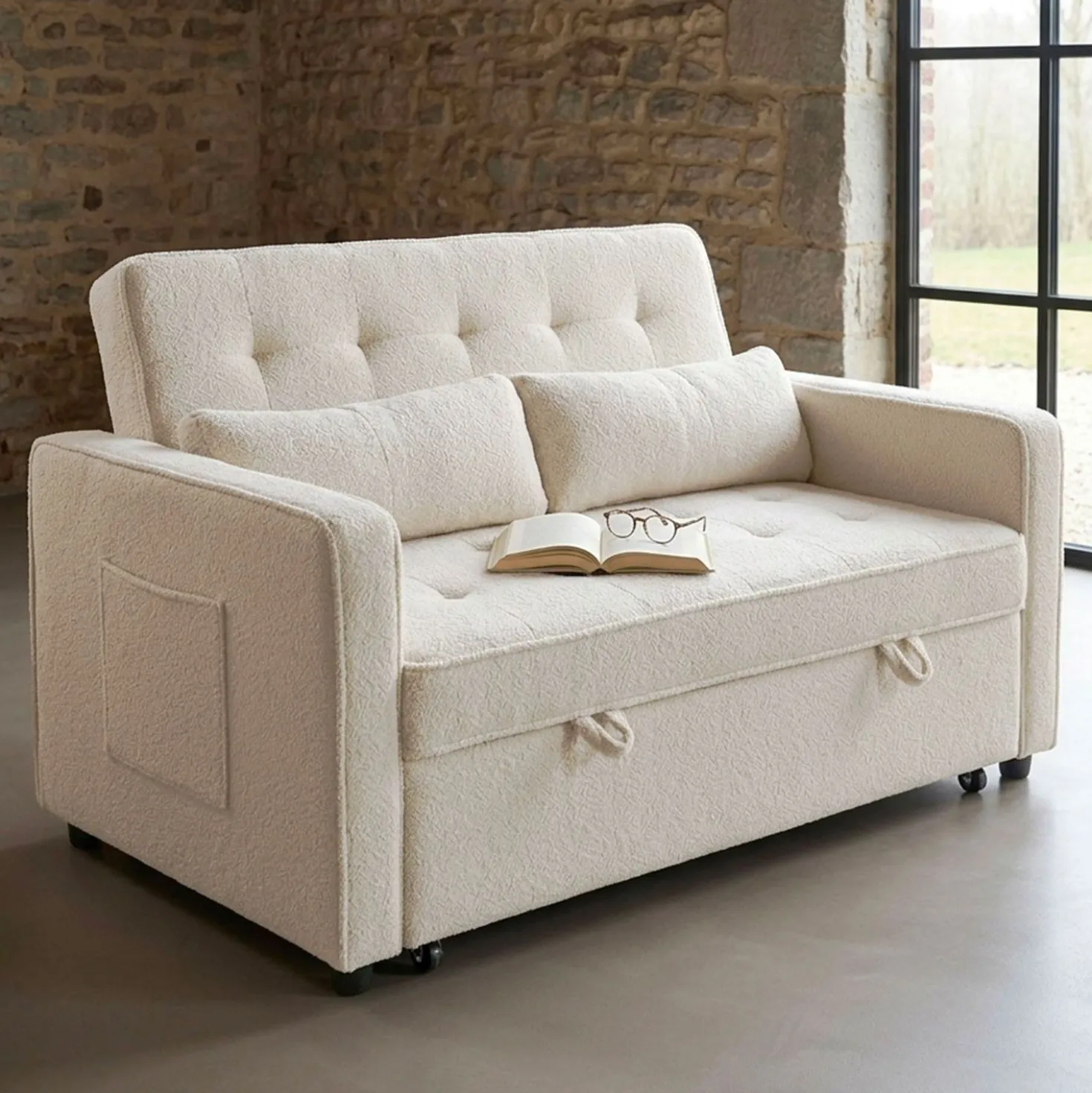Canapé convertible 2 places Komaria Tissu bouclette Crème
