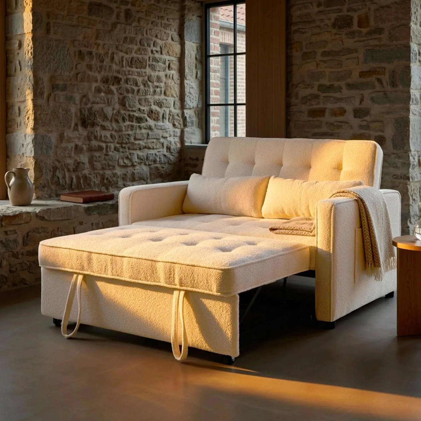 Canapé convertible 2 places Komaria Tissu bouclette Crème