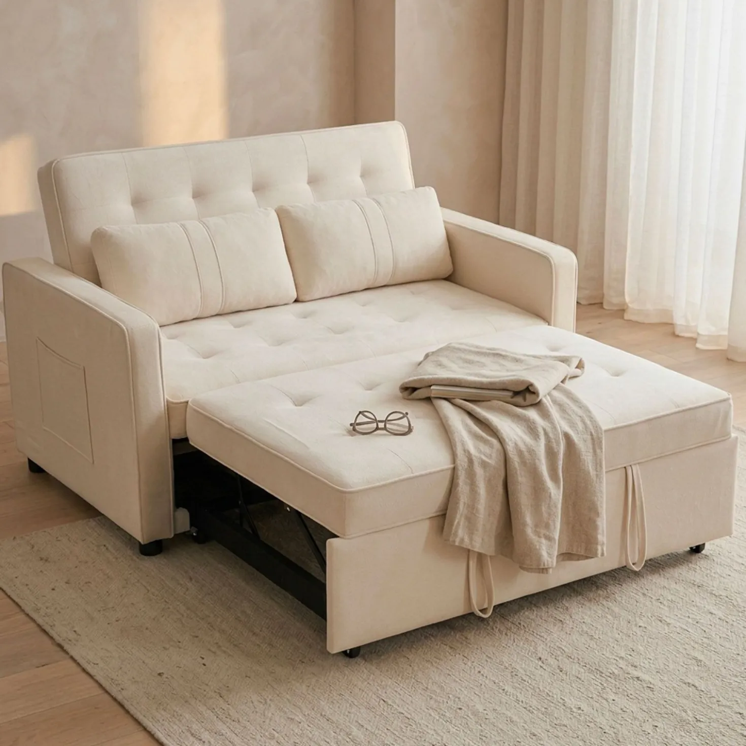 Canapé convertible 2 places Komaria Velours Beige