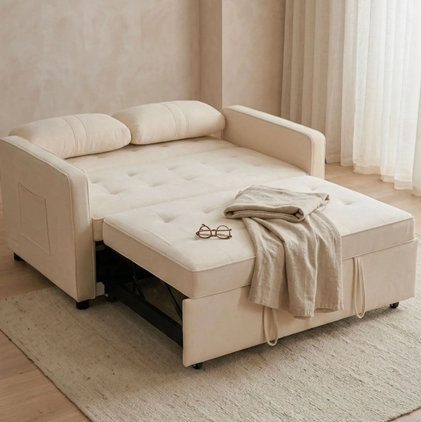 Canapé convertible 2 places Komaria Velours Beige