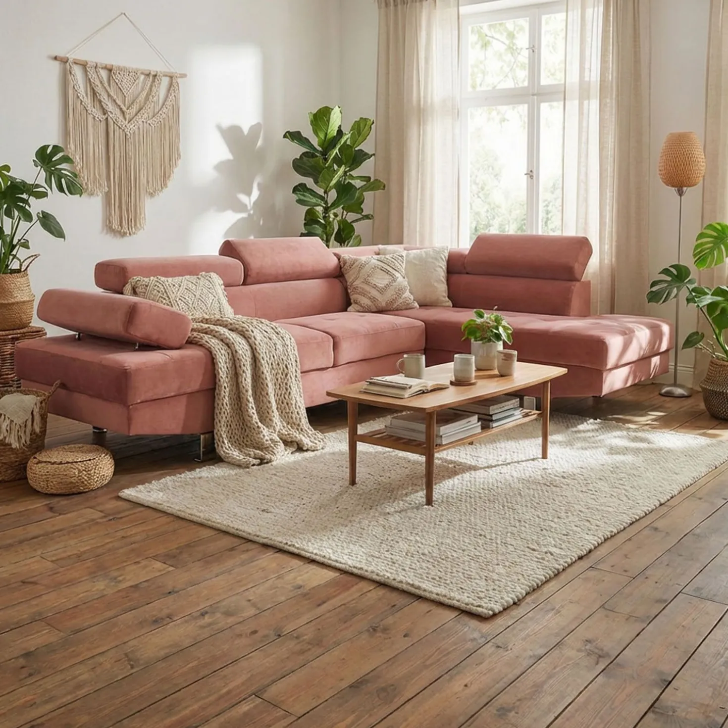 Canapé d'angle avec têtières relevables Alfa Velours Rose