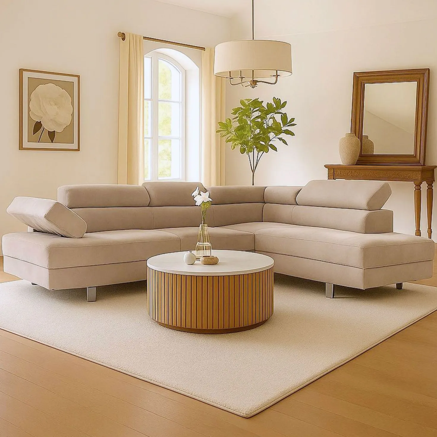 Canapé d'angle avec têtières relevables Alfa Velours Taupe