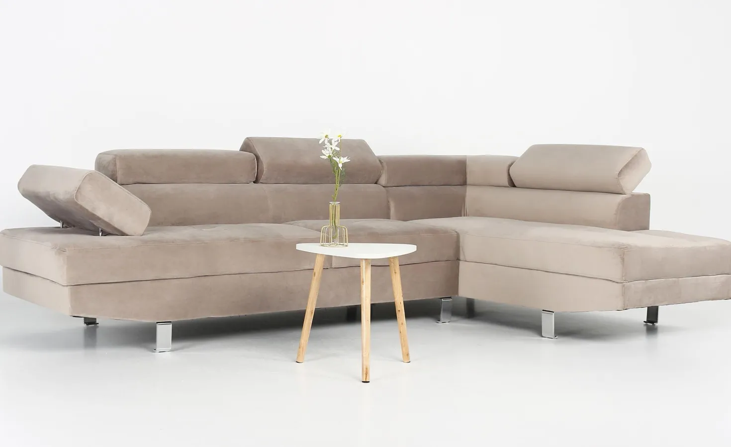 Canapé d'angle avec têtières relevables Alfa Velours Taupe