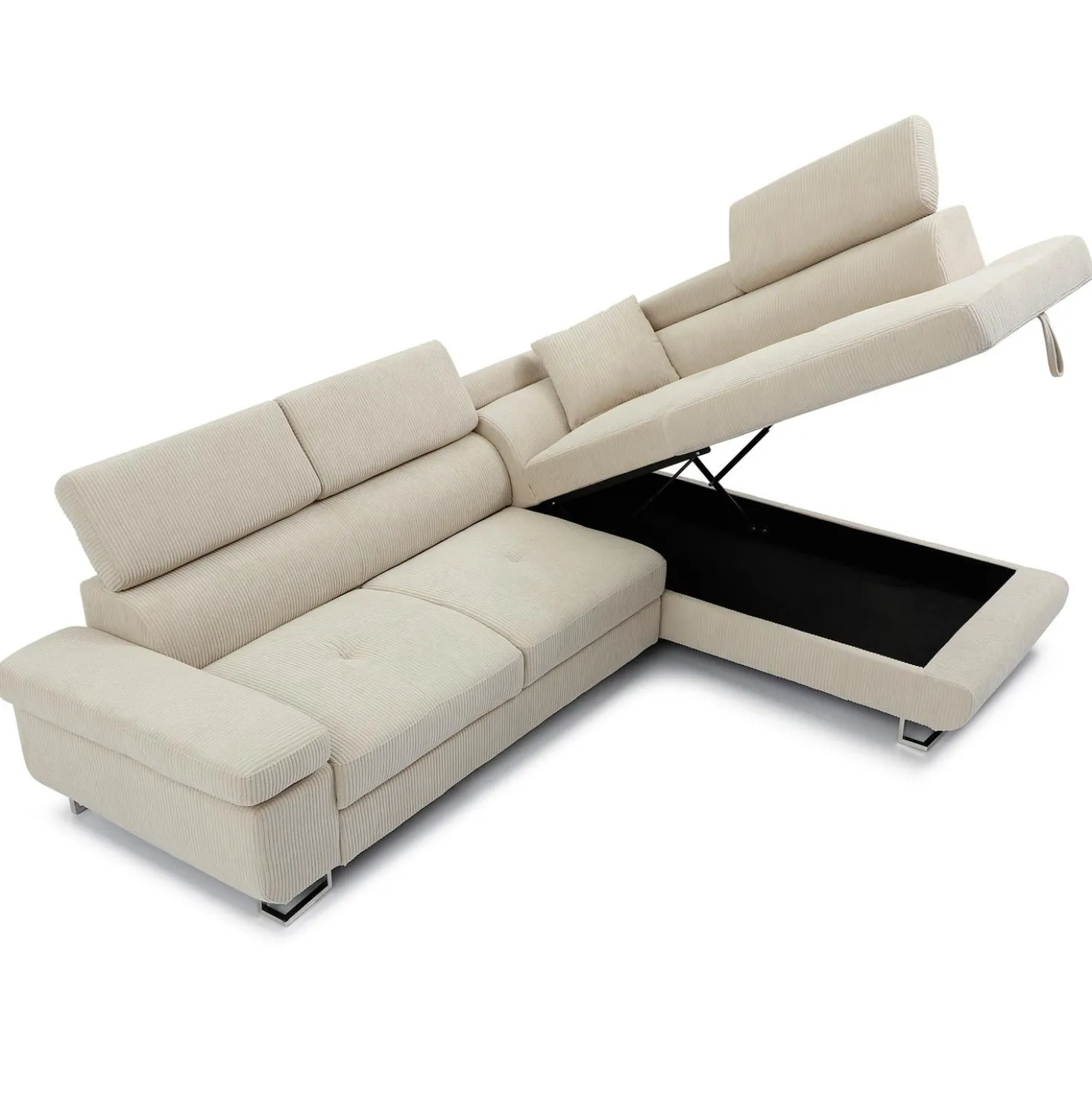 Canapé d'angle convertible Antoni avec têtières relevables angle à droite Velours côtelé Beige