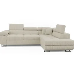 Canapé d'angle convertible Antoni avec têtières relevables angle à droite Velours côtelé Beige